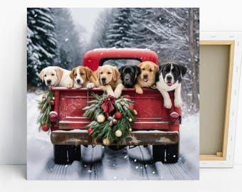 Puppy Pickup Art, Poster or Canvas, Vintage Rustic Farmhouse Decor, Living Room Bedroom Children's Entryway Wall Art, Red Black White Brown