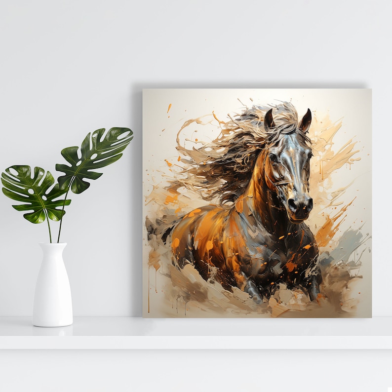 May include: A painting of a brown and black horse running with its mane flowing in the wind. The background is a light brown with splashes of orange paint.