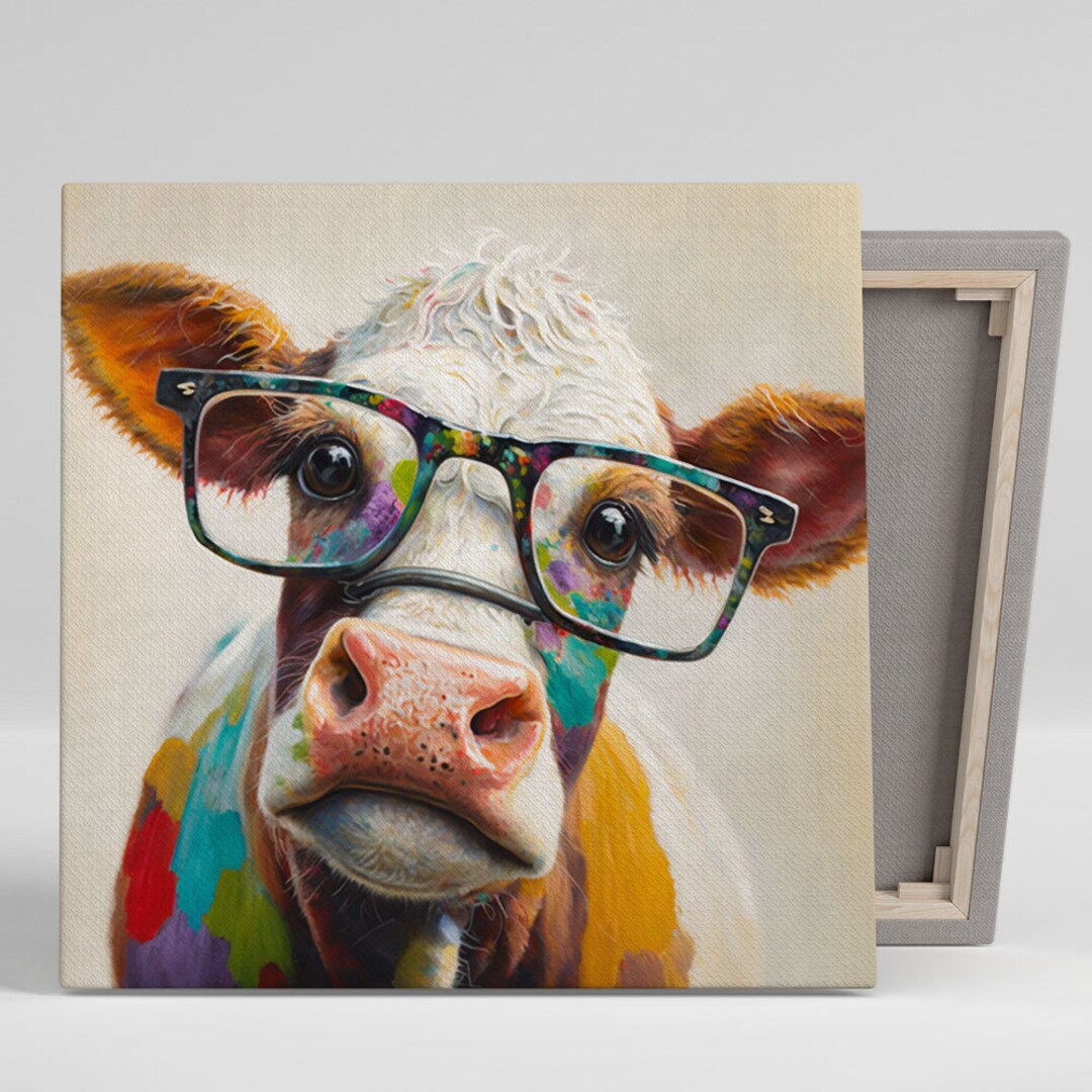 Cow With Glasses Wall Art, Canvas or Poster, Cow Wall Hanging, Animal