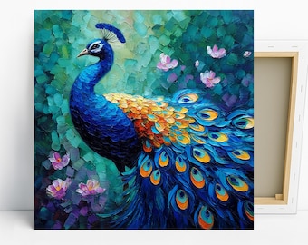 Peacock Art, Canvas or Poster, Bohemian Modern Decor, Living Room Bedroom Dining Room Entryway Wall Art, Blue Teal Gold, Bird Wall Art
