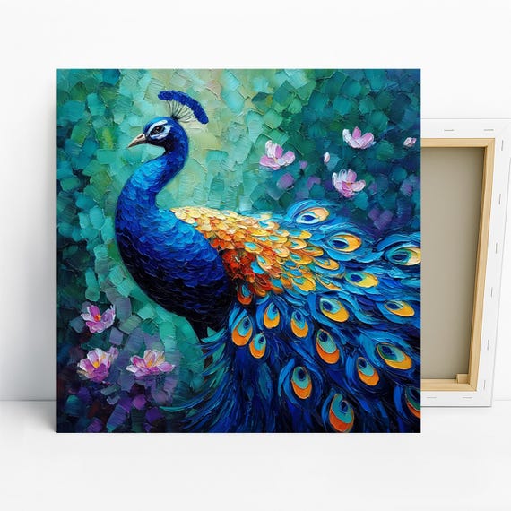 Peacock Art, Canvas or Poster, Bohemian Modern Decor, Living Room Bedroom Dining Room Entryway Wall Art, Blue Teal Gold, Bird Wall Art