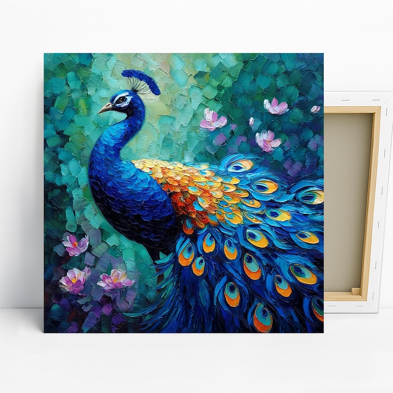 Peacock Art, Canvas or Poster, Bohemian Modern Decor, Living Room Bedroom Dining Room Entryway Wall Art, Blue Teal Gold, Bird Wall Art image 1
