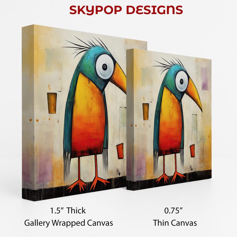 Bird Art, Poster or Canvas, Whimsical Bohemian Minimalist Decor, Living Room Bedroom Office Entryway Wall Art, Multicolor Yellow Orange Teal image 2