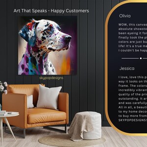 Dalmatiner Hund Kunst, Leinwand oder Poster, zeitgenössische Boho Glam Dekor, Wohnzimmer Büro Schlafzimmer Eingangsbereich Kunst, mehrfarbig schwarz weiß lila Bild 9