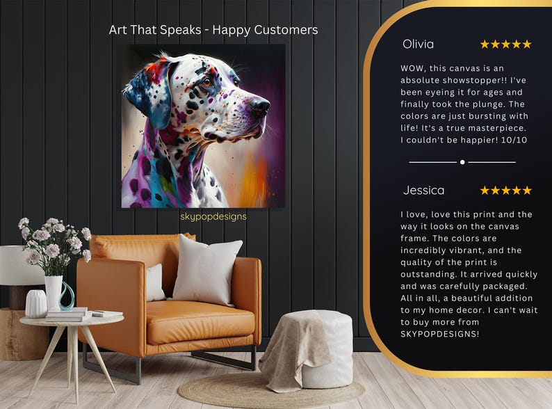 Dalmatiner Hund Kunst, Leinwand oder Poster, zeitgenössische Boho Glam Dekor, Wohnzimmer Büro Schlafzimmer Eingangsbereich Kunst, mehrfarbig schwarz weiß lila Bild 9