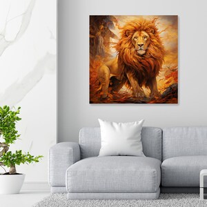 Puede incluir: Un majestuoso le&oacute;n con una melena fluida se encuentra en un entorno de bosque dorado. El pelaje del le&oacute;n es de un naranja y marr&oacute;n intenso, y sus ojos son de un azul penetrante. El fondo es un desenfoque de colores c&aacute;lidos, creando una sensaci&oacute;n de profundidad y misterio.