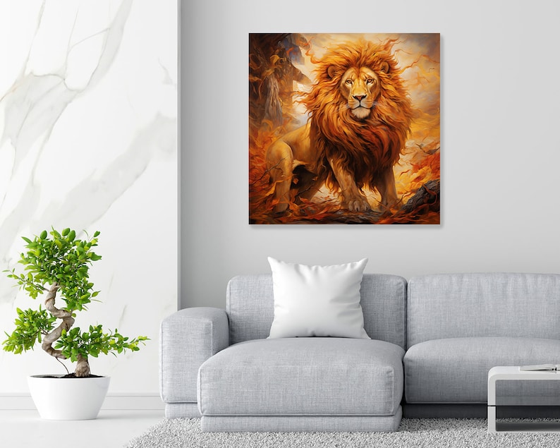 Puede incluir: Un majestuoso le&oacute;n con una melena fluida se encuentra en un entorno de bosque dorado. El pelaje del le&oacute;n es de un naranja y marr&oacute;n intenso, y sus ojos son de un azul penetrante. El fondo es un desenfoque de colores c&aacute;lidos, creando una sensaci&oacute;n de profundidad y misterio.