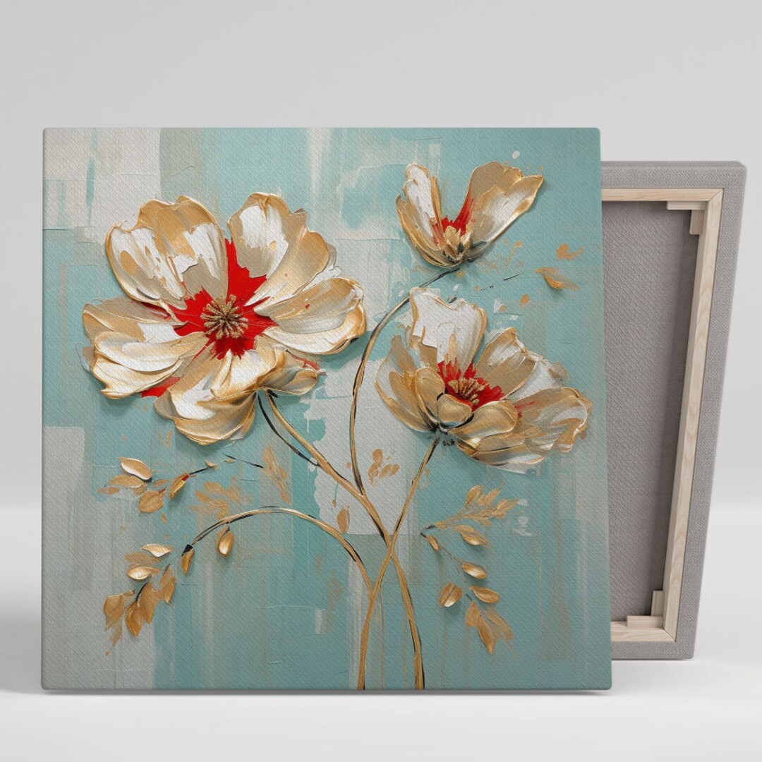 White and Gold Flower Wall Art, Canvas or Poster, Flower Wall Decor, Botanical Decor, Floral