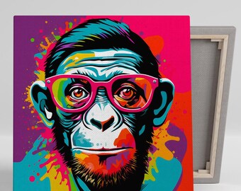 Funky Chimp Spectacle Art, Canvas or Poster, Pop Decor, Living Room Office Children's Game Room Wall Art, Multicolor Pink Blue Yellow