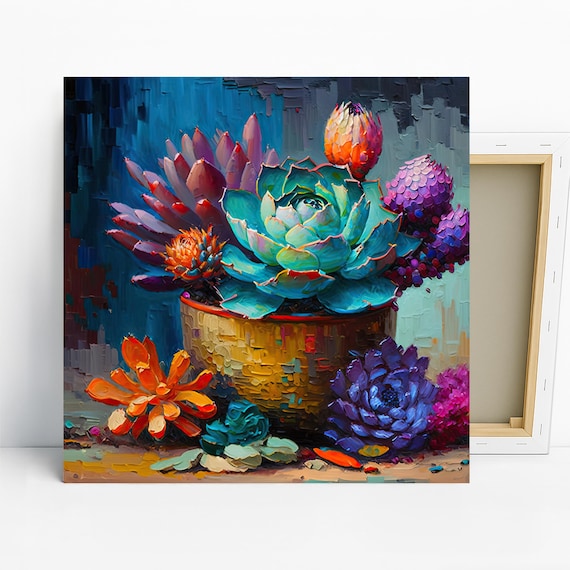 Succulent Garden Art, Canvas or Poster, Impressionism Bohemian Decor, Living Room Bedroom Office Wall Art, Blue Purple Green Orange