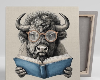 Intellectual Bison Art, Canvas or Poster, Whimsical Rustic Bohemian Decor, Office Library Living Room Study Wall Art, Blue Black Brown White
