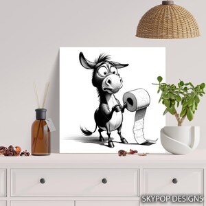 Donkey Toilet Paper Art, Poster or Canvas, Whimsical Graffiti Decor, Living Room Bedroom Bathroom Wall Art, Black and White Grey image 6