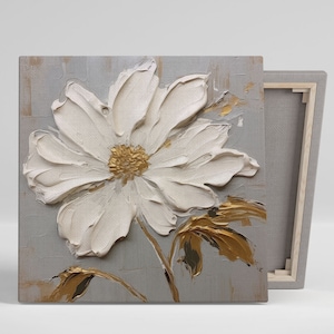 White And Gold Flower Art, Canvas Or Poster, Floral Wall Decor,  Elegant Wall Art, Modern Floral Artwork, Botanical Wall Art