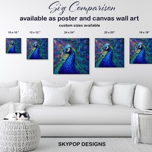 Peacock Art, Canvas or Poster, Modern Bohemian Decor, Living Room Bedroom Dining Room Entryway Wall Art, Blue Purple Green Multicolor image 7