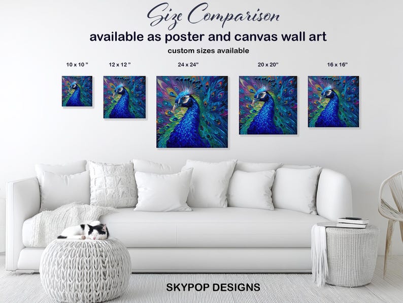 Peacock Art, Canvas or Poster, Modern Bohemian Decor, Living Room Bedroom Dining Room Entryway Wall Art, Blue Purple Green Multicolor image 7
