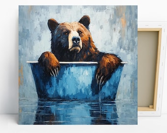 Bear Bath Time Art, Canvas or Poster, Whimsical Modern Bohemian Rustic Decor, Bathroom Living Room Bedroom Art, Blue Brown Multicolor Grey