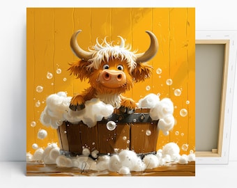 Highland Cow Art, Canvas or Poster, Whimsical Farmhouse Decor, Bathroom Living Room Wall Art, Yellow Brown White Beige, Cow Bath Art