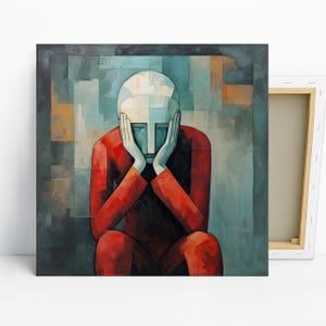 Reflective Figure Art, Poster or Canvas, Modern Minimalist Decor, Living Room Office Bedroom Entryway Wall Art, Red Grey Teal Multicolor