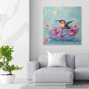 Hummingbird Art, Poster or Canvas, Whimsical Modern Bohemian Decor, Living Room Bedroom Sunroom Wall Art, Blue Pink Multicolor White image 6