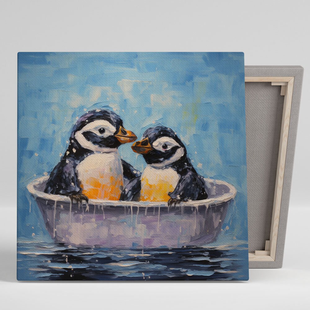 Two Penguins in Bathtub Art, Canvas or Poster, Bathroom Decor