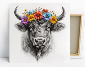 Highland Cow Art, Canvas or Poster, Bohemian Rustic Farmhouse Decor, Living Room Bedroom Entryway Kitchen Wall Art, Multicolor Floral Art
