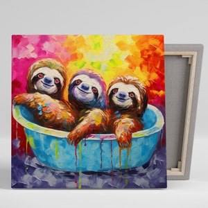 Sloth Trio Bowl Art, Canvas or Poster, Whimsical Animal Contemporary Decor, Living Room Bedroom Office Children&#39;s Room Wall Art, Colorful