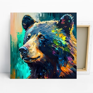 Bear Art, Canvas or Poster, Abstract Modern Bohemian Decor, Living Room Bedroom Office Wall Art, Multicolor Blue Teal Yellow