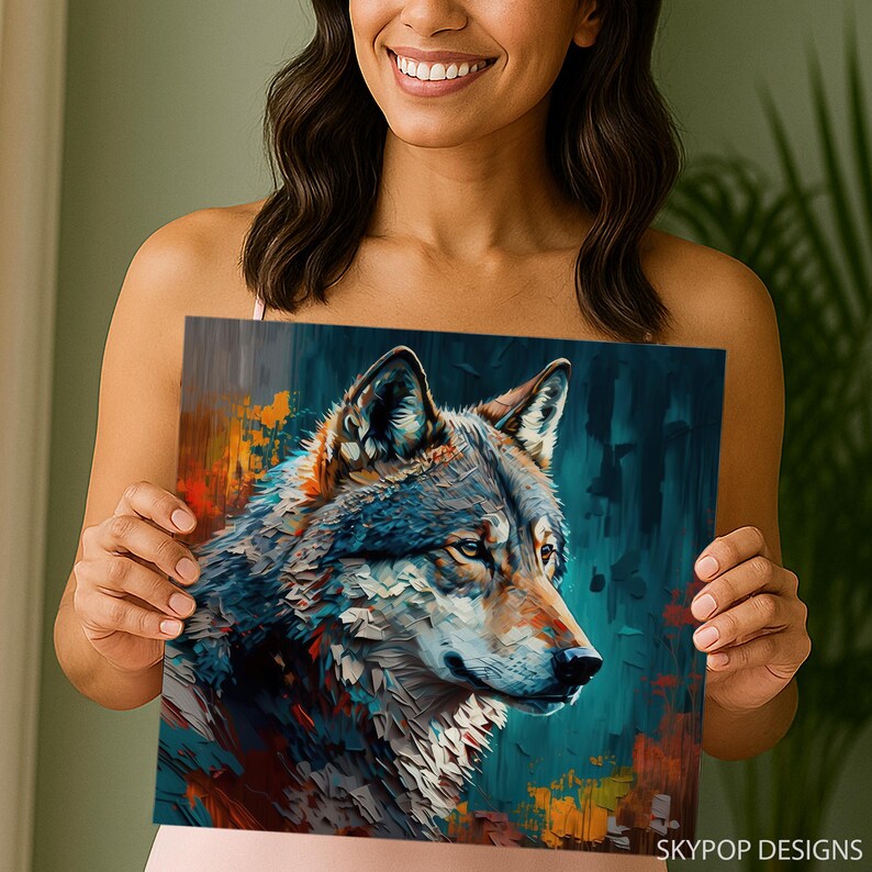 Wolf Art, Canvas or Poster, Abstract Modern Rustic Bohemian Decor, Living Room Bedroom Entryway Office Wall Art,Blue Multicolor Orange Brown image 4