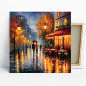 Rainy Paris Cafe Walk Art, Poster or Canvas, Impressionism Parisian Decor, Living Room Bedroom Wall Art, Multicolor Orange Yellow Grey