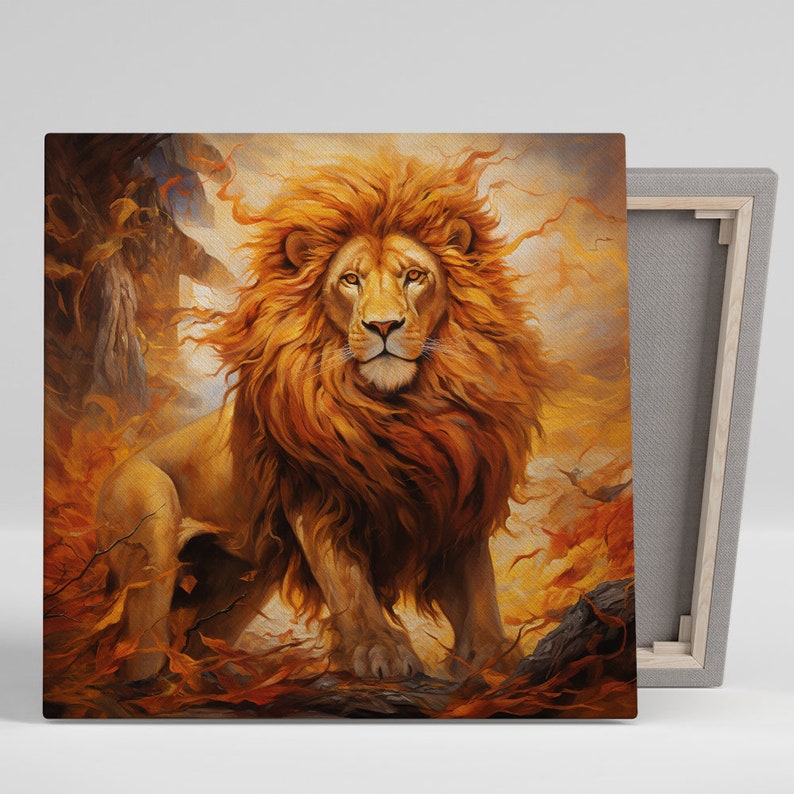 Puede incluir: Una pintura de un majestuoso le&oacute;n con una melena fluida, de pie en un campo de hojas doradas. Los ojos del le&oacute;n est&aacute;n fijos en el espectador, transmitiendo una sensaci&oacute;n de poder y serenidad.