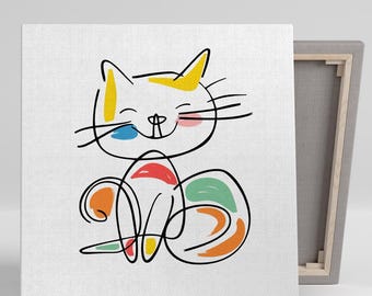 Colorful Cat Abstraction Art, Canvas or Poster, Whimsical Contemporary Decor, Nursery Living Room Office Wall Art, Yellow Blue Red Green
