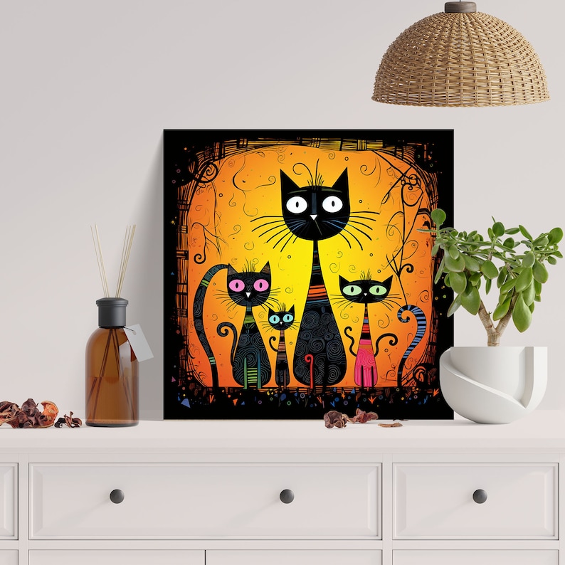 May include: A digital painting of four black cats with colorful accents. The cats are standing in front of a bright orange background with black swirls. The largest cat is in the center and has a striped pattern. The other three cats are smaller and have different patterns.