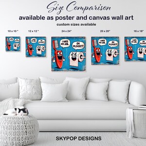 Arte de cepillo de dientes y papel higiénico, lienzo o póster, decoración bohemia de estilo pop art, arte de pared para sala de juegos, oficina, azul, rojo y blanco. imagen 8