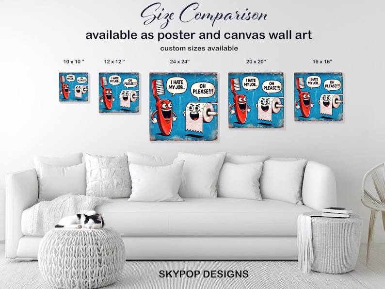 Arte de cepillo de dientes y papel higiénico, lienzo o póster, decoración bohemia de estilo pop art, arte de pared para sala de juegos, oficina, azul, rojo y blanco. imagen 8