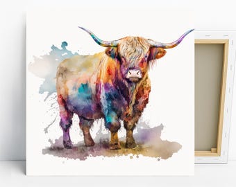 Highland Cow Art, Canvas or Poster, Watercolor Rustic Bohemian Decor, Living Room Bedroom Wall Art, Multicolor Brown Beige Gold