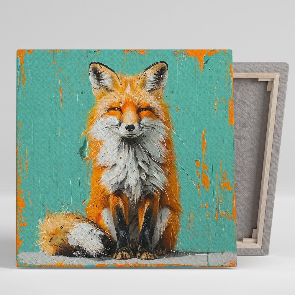 Vibrant Fox Portrait Art, Canvas or Poster, Whimsical Animal Modern Decor, Living Room Office Bedroom Children's Room Wall Art Teal Orange
