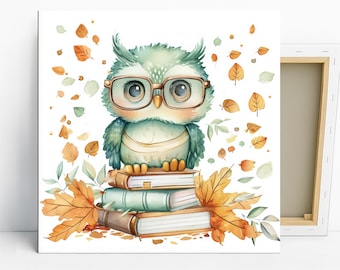 Owl Reading Books Art, Canvas or Poster, Whimsical Rustic Decor, Children Room Living Room Bedroom Office Art, Brown Multicolor Teal Yellow