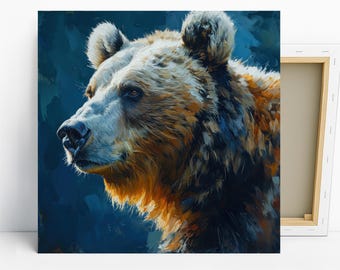 Bear Art, Canvas or Poster, Abstract Animal Rustic Decor, Living Room Bedroom Office Entryway Wall Art, Blue Brown Multicolor