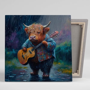 Highland Cow with Guitar Wall Art, Canvas Or Poster, Scottish Highland Cow Art, Cattle and Music Art, Farm Animal Art, Animal and Music Art