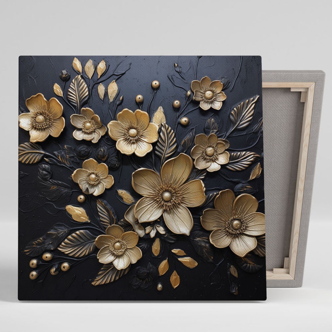 Gold Flower Art, Canvas or Poster, Luxury Flower Design, Contemporary