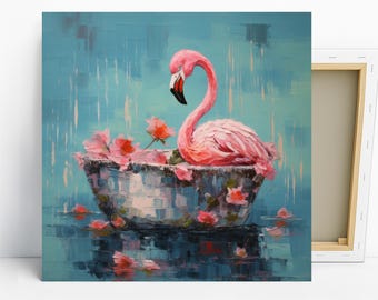 Flamingo Floral Art, Canvas or Poster, Abstract Bohemian Watercolor Decor, Living Room Bedroom Dining Room Entryway Wall Art, Teal Pink