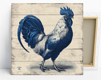 Rooster Art, Canvas or Poster, Vintage Farmhouse Rustic Decor, Kitchen Dining Room Entryway Wall Art, Blue White Beige, ClassicAnimal Print