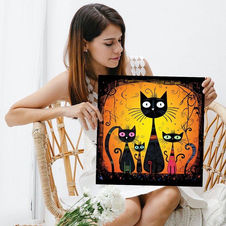 May include: A colorful illustration of four black cats with different expressions. The cats are on a yellow background with black vines and swirls. The largest cat is in the center and has a surprised expression. The other three cats are smaller and have different expressions. The illustration is framed in black.