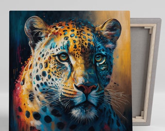 Könnte beinhalten: Ein Nahaufnahmeporträt eines Leoparden in den Farben Blau, Gelb und Orange. Das Fell des Leoparden ist mit schwarzen Flecken verziert und die Augen sind leuchtend blau.