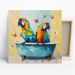 May include: A colorful painting depicts two macaws perched on the edge of a teal bathtub. The birds have vibrant plumage of green, yellow, orange, and blue. Butterflies flutter around them against a yellow and blue background.
