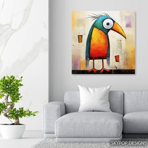 Bird Art, Poster or Canvas, Whimsical Bohemian Minimalist Decor, Living Room Bedroom Office Entryway Wall Art, Multicolor Yellow Orange Teal image 6