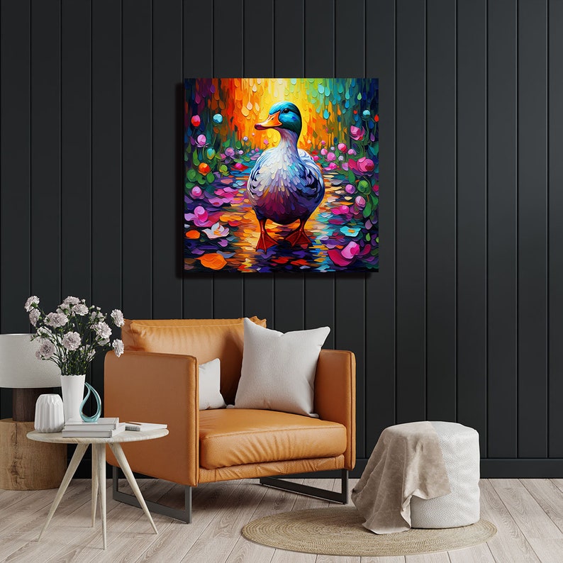 May include: A colorful painting of a duck standing in a pond with water lilies. The duck is blue, green, and white, and the water lilies are pink, purple, and yellow. The background is a blurred green and blue.
