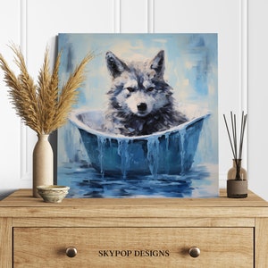 May include: A painting of a grey wolf pup sitting in a blue bathtub. The wolf is looking at the viewer with a serious expression. The bathtub is overflowing with water and the water is dripping down the sides. The background is a light blue.
