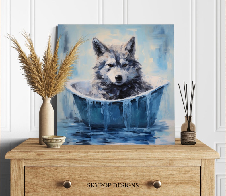 May include: A painting of a grey wolf pup sitting in a blue bathtub. The wolf is looking at the viewer with a serious expression. The bathtub is overflowing with water and the water is dripping down the sides. The background is a light blue.