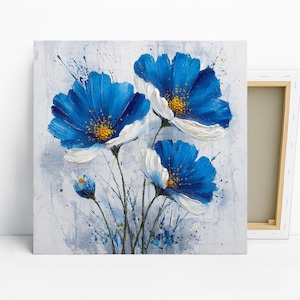 Blue Floral Art, Poster or Canvas, Impressionism Modern Decor, Living Room Bedroom Entryway Wall Art, Blue White Gold Grey, Vibrant Flower